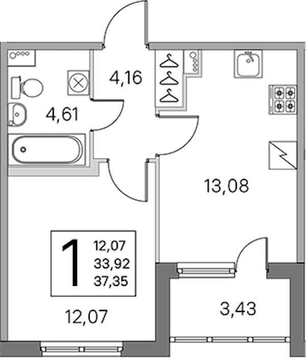 1-комнатная квартира 33.92 м², 1/5 эт., ЖК «ЮгТаун. Олимпийские кварталы»